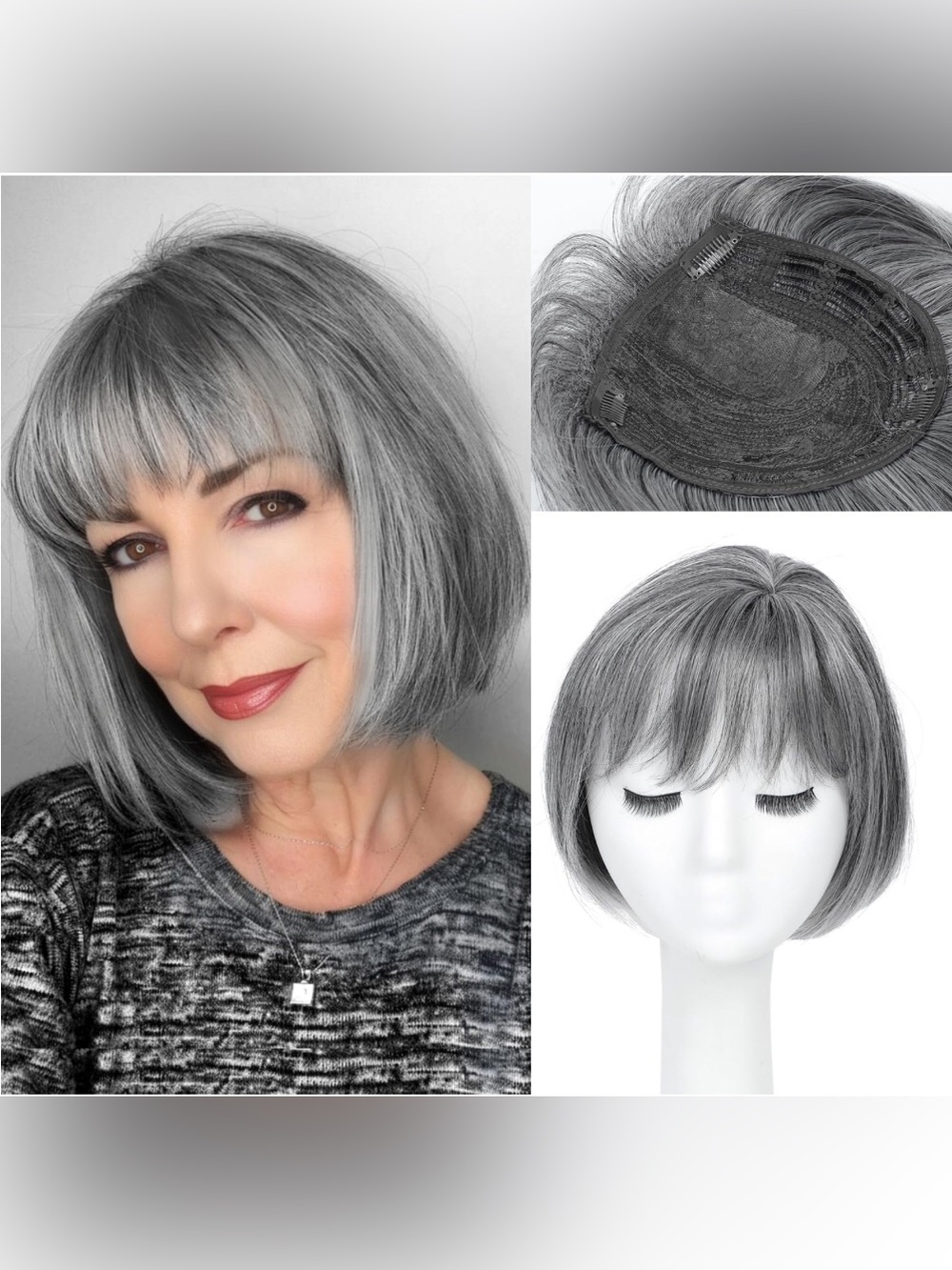 New Gray Hair Topper With Bangs Synthetic Clip In Head Extension Salt pepper New